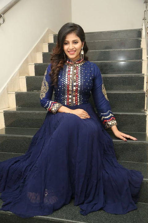 Anjali Blue Dress Smile Pose Stills