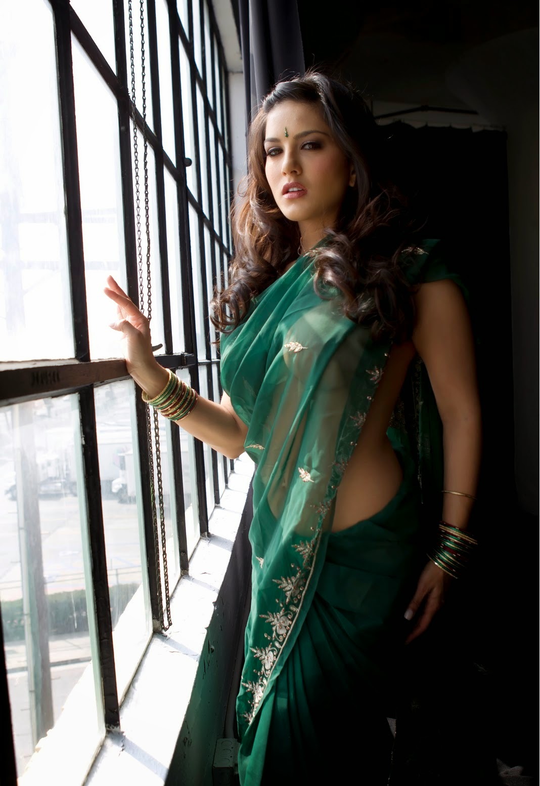 Sunny Leone Green Saree Fotos