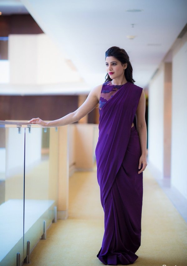 Samantha Theri Movie Purple Saree Wallpaper